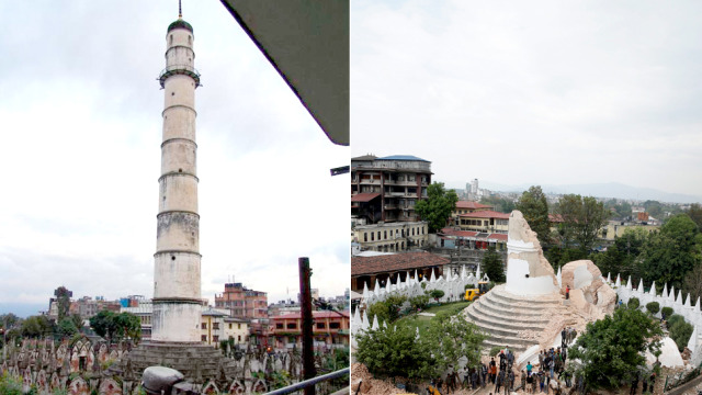 Wie & # x17C; and Dharahara, one of the symbols of Kathmandu, leg & # x142; and in ruins